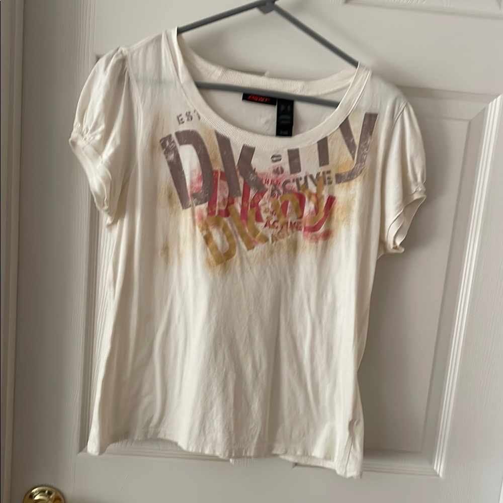 DKNY Cream Graphic Tee with Multicolor Print